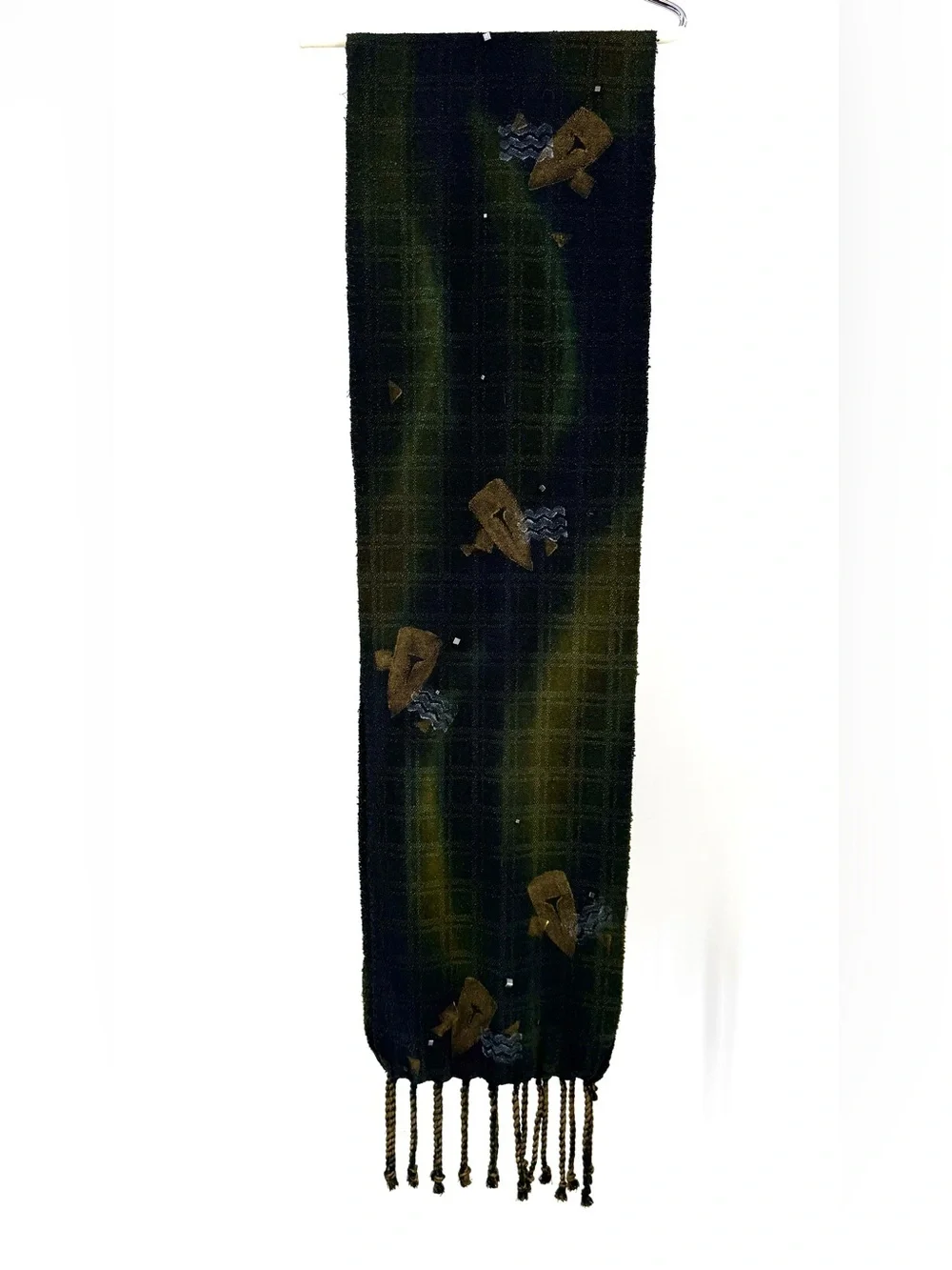 Vintage artisan crafted hand dyed raw silk shawl scarf green gold